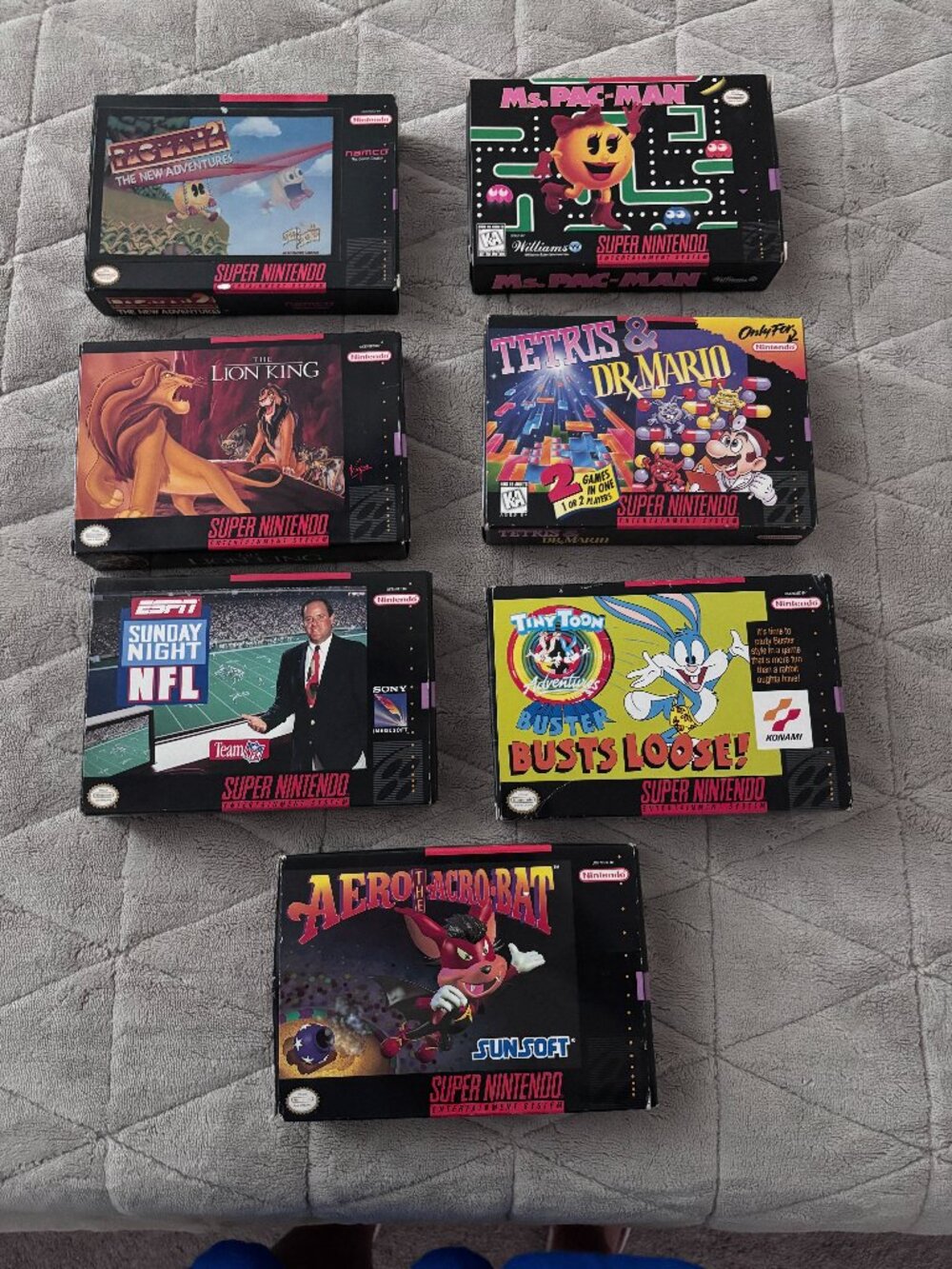 7 Super Nintendo Games - All in Boxes -LION KING, AERO, TETRIS, TINY TOONS....